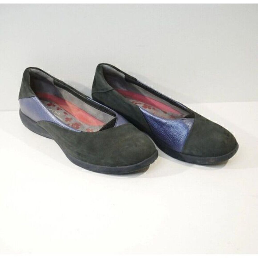 Aravon Jamie Blue Black Suede Leather Shoes 8 AA Slip On  Flats Metallic‎ New